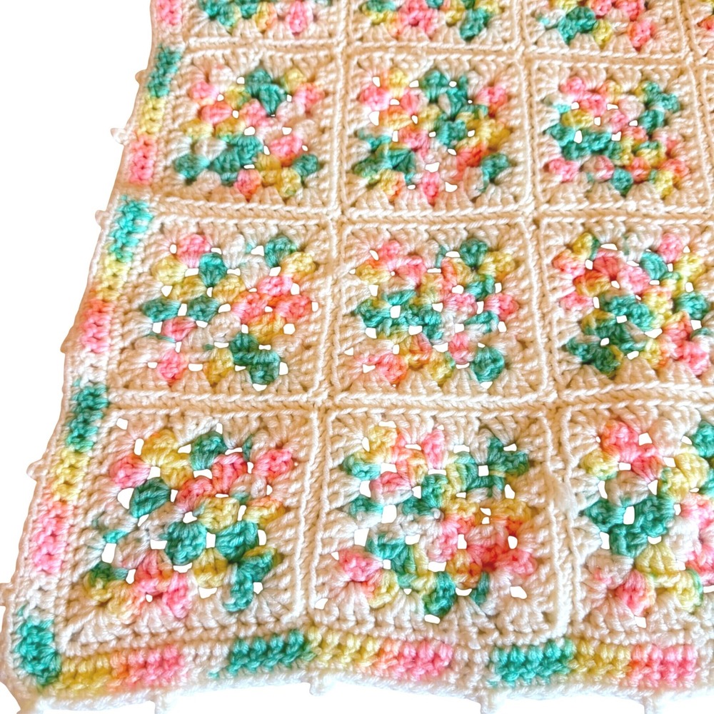VTG Handmade Crochet Granny Square Baby Blanket Pink Yellow Green Rainbow 40x34"